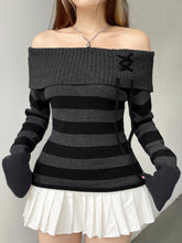 Aiertu - summer inspo Off Shoulder Slim Knitted Stripe Jumper Women Lace-Up Slash Neck Long Sleeve Sweater Tee Korean Fashion Street Knittwear Aiertu
