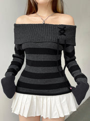 Aiertu - summer inspo Off Shoulder Slim Knitted Stripe Jumper Women Lace-Up Slash Neck Long Sleeve Sweater Tee Korean Fashion Street Knittwear Aiertu