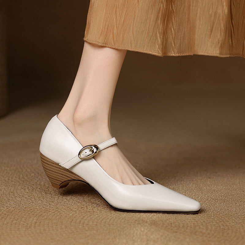 Aiertu Spring Autumn Genuine Leather Mary Janes Pumps Retro Women Square Toe High Heel Casual Pumps Young Ladies Daily Walk Shoes Aiertu