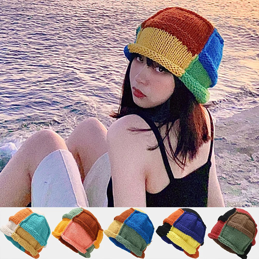 Aiertu - Fashion Color Patch Beanie Hats For Women Hand Crocheted Skull Caps Spring Autumn Outdoor Ear Protector Hollow Thin Knitted Hat Aiertu