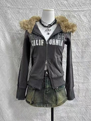 Aiertu - Zip Up Black Classic Style Oversizeds Fur Collar Letter Casual Hoodies New Women Vintage Dressing Up Sweatshirts Anime Cardigan Aiertu