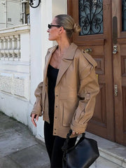 Aiertu - Retro Lapel With Pocket Pu Leather Jacket Women Fashion Single Breasted Long Sleeve Loose Coat 2026 Autumn Chic Lady New Outwear Aiertu