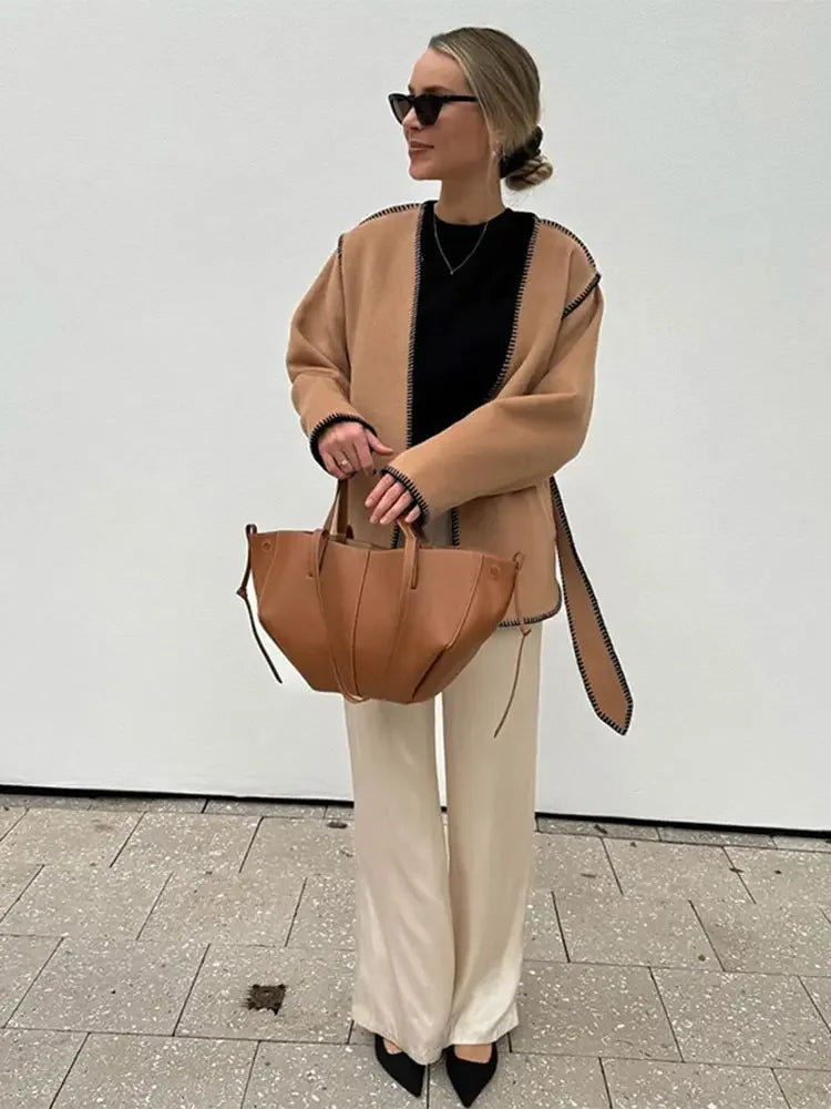 Aiertu - Women Fashion With Belt Wool Loose Coat Casual V Neck Long Sleeve Patchwork Overcoat 2026 Lady Autumn Winter Streetwear Coats Aiertu