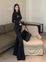 Aiertu - Lounge Stitch Tulle Yoga Pants Women Black Solid Slim Bootcut High Waist Bell Bottoms Workout Leggings Female Clothes Aiertu