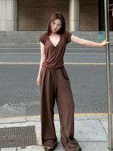 Aiertu - Sweet Hot Girl Casual Suit Women's Autumn Coffee Color V-neck Short-sleeved T-shirt High Waist Wide Leg Pants Two-piece Set Aiertu