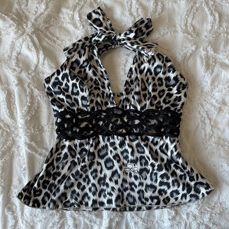 Aiertu - Y2k Tops Camis Women Clothing Leopard Punk Sexy Sling Lace Aesthetic Crop Top Baby Tee Slim Gothic Backless Femme Grunge T shirt Aiertu