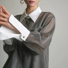 Aiertu Vintage Blouses Women Elegant Sun Proof Sheer Long Sleeve Shirts Office Lady Korean Patchwork Loose Casual Sunscreen Tops Aiertu