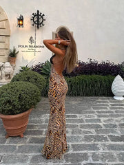 Aiertu - Fall Outfits 2026 Black Lace Patchwork Leopard Printed Suspender Dress Sexy Backless See Through Wrap Hip Dresses Women Party Banquet Street Robes Aiertu
