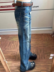 Aiertu - Y2K Fashion Blue Simple Casual Straight Jeans Woman Autumn Retro Streetwear Washed Loose Harajuku Street Straight Jeans Aiertu