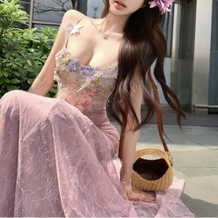Aiertu Mauve Flower-Applique Coquette Fairy Dress Aiertu
