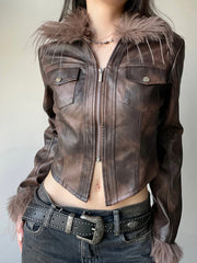 Aiertu - summer inspo Streetwear Faux Collar Women Moto Style Jackets Autumn Long Sleeve Fashion Chic Design Short Leather Coat Aiertu