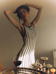Aiertu - Vertical Stripes Round Neck Bodycorn Knit Dress Women Fashion Sleeveless Slim Long Dresses Elegant Female Commute Street Robes Aiertu