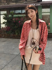 Aiertu - Turn-down Collar Red Plaid Shirt Women's Spring Casual Long-sleeved Loose Sunscreen Shirt Fashion Female Clothes Aiertu