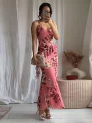 Aiertu - Elegant Women Sets Printed Ruched Long Skirts Set 2025 New Fashion Sexy V-neck Short Strap Tops Sets For Women 2 Pieces Aiertu