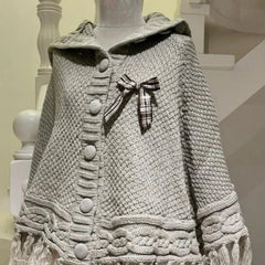 Aiertu - Women Preppy Style Two Pieces Set Y2K Aesthetic Bow Casual Knitted Tassels Hooded Grunge Fairy Lace Patchwork Short Skirts Suit Aiertu