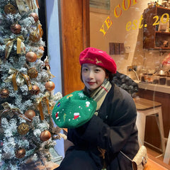 Aiertu - Christmas Beret Women's Hand-embroidered Wool Felt Hat for Autumn Winter New Holiday Cute Red Green Painter Hat Warm Pumpkin Hat Aiertu