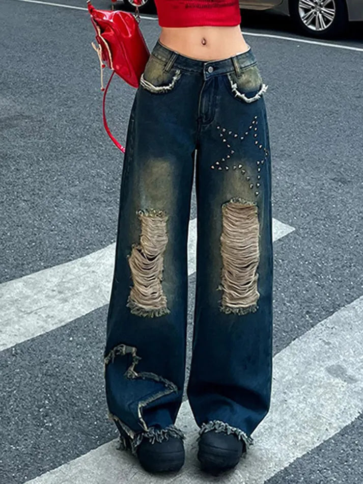 Aiertu -Star Rhinestone Gradient Low Waist Loose Jeans aiertu
