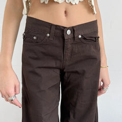 Aiertu - party look snspos Women Brown Retro Flare Jeans Loose Fit Casual Elegant Minimalist Lady Wide Leg Pants Fashion Streetwear Fall Outfits Aiertu
