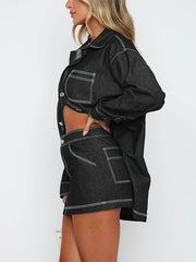 Aiertu - Vintage Denim 2 Piece Sets Women's Mini Skirts Polo Collar Long Sleeve Pockets Tops Hip Package Skirt Lady Streetwear Summer Aiertu