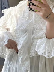 Aiertu - Elegant Chic Lace Maxi Dress White Cotton Autumn Spring Long Sleeve Women Dresses Loose Hollow Out Holiday Vestidos Aiertu