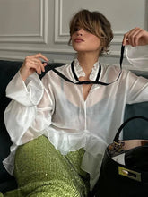 Aiertu - Sexy See-Through White Shirt Female Lace Up Ruffled Collar Long Sleeve Blouse 2026 Autumn Fashion Elegant Women's Shirt Aiertu