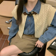 Aiertu - High Street Vintage Denim Shirts With Knitted Cardigans Vest Spring 2026 Loose Chic New Slim Casual Daily Office Lady Aiertu