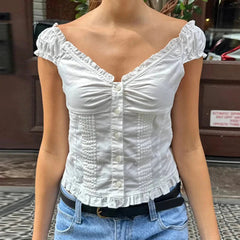 Aiertu Preppy Button Down Blouse Tops Y2k Vintage Cap Sleeve Women T-shirt 00s Aesthetic Fairy Frill V Neck Crop Tops Milkmaid Vest Aiertu