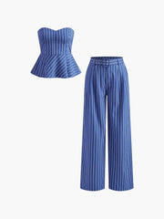 Aiertu - Stripe Belted Pants Set Elegant Bandage Wide Leg Pants Suit Office Lady Clothing Two Piece Set With Pants Aiertu