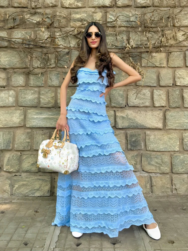 Aiertu - Knitted Lace Halter Long Dress Ruffles Pleated Hollowed Out Suspender Slim Fit Sexy Beach Women Strap Dresses Multi-Layer Robes Aiertu
