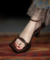 Aiertu Brown Genuine Leather Stylish Buckle Strap Splicing Sandals Peep Toe Aiertu