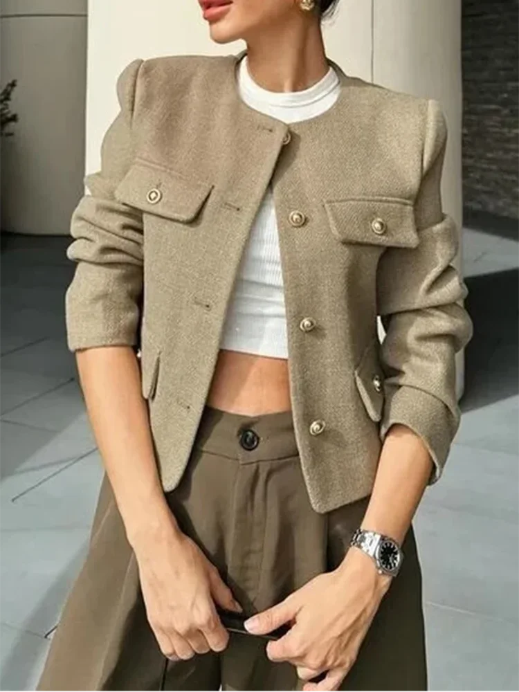 Aiertu - New Retro Fashion Women Coarse Tweed Round Neck Long Sleeved Jacket Winter Korean Elegant Lady Long Sleeved Button Short Jacket Aiertu