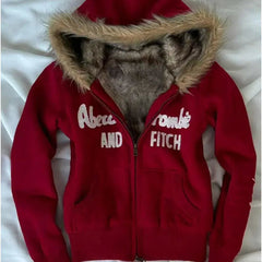 Aiertu - Y2K Velvet Thickened Fur Collar Hooded Sweatshirt Women's Street Retro Classic Hooded Jacket Cardigan Autumn Winter Harajuku Top Aiertu