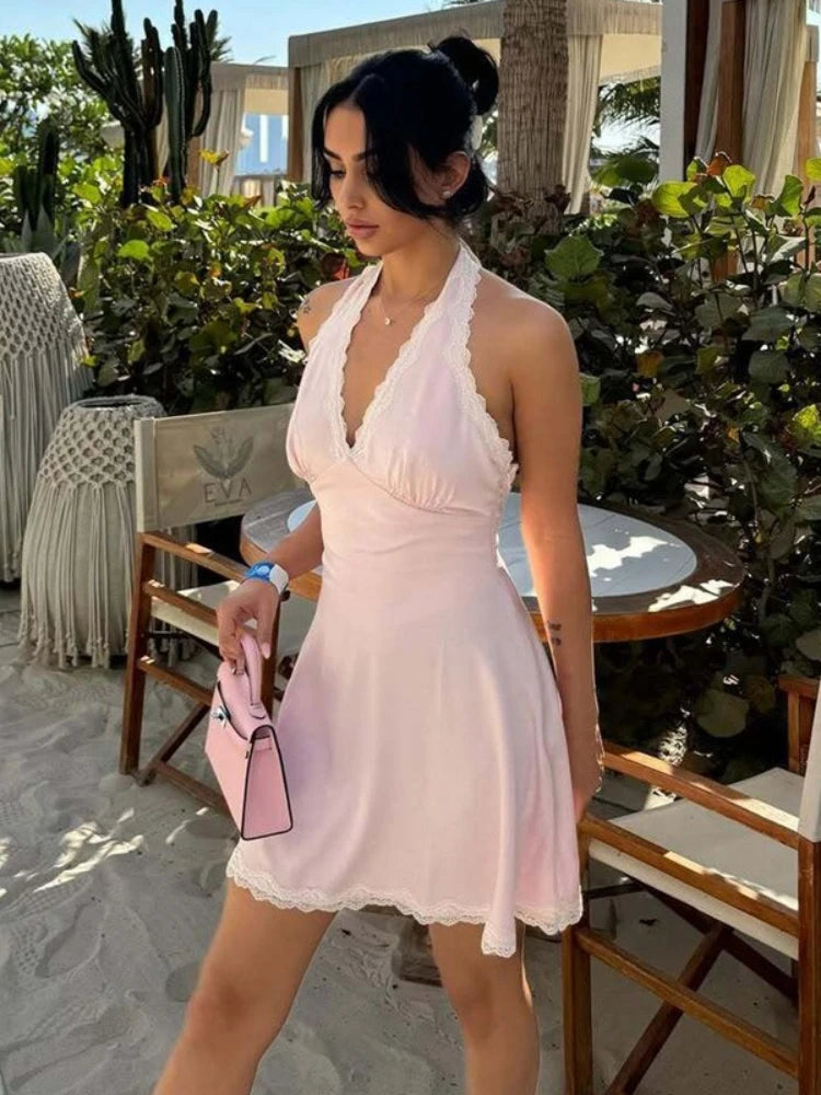 Aiertu - Woman Clothes Halter Lace Patchwork Party Dress Sexy Off Shoulder Backless High Waist Tunics A-line Evening Dresses Streetwear Aiertu