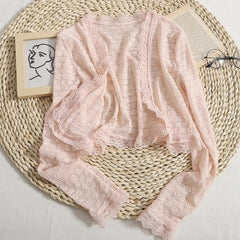 Aiertu Cropped Pink Lace Shirts Women Fashion Sheer White Long Sleeve Blouses Summer Korean Casual All Match Sun Protection Tops Aiertu