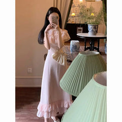 Aiertu - summer sweet girls pink long dress lace splicing ruffled off shoulder o neck short sleeve high waist slim a line dresses Aiertu
