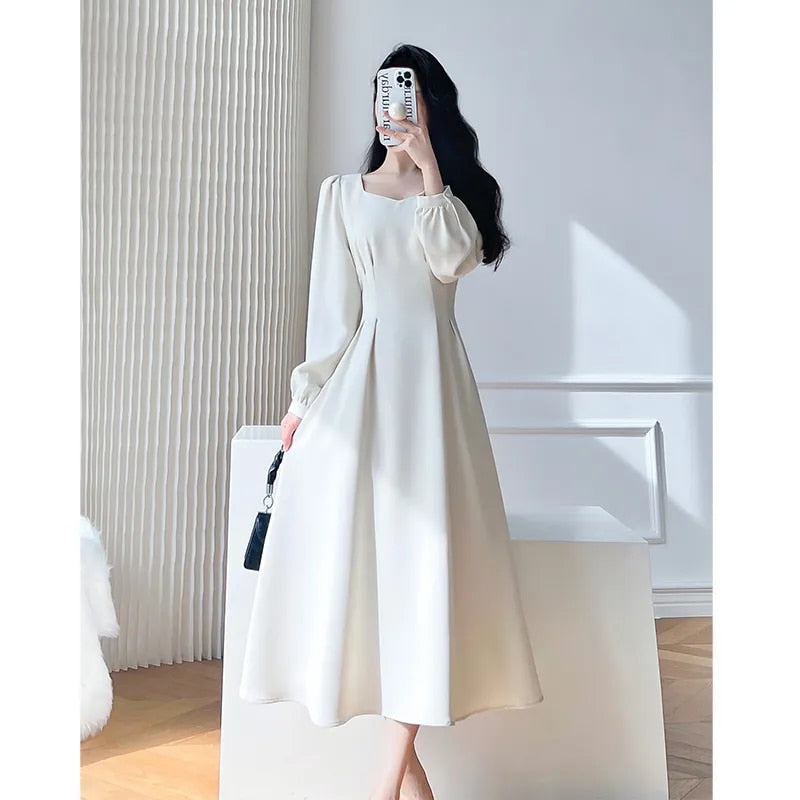 Aiertu Vintage White Midi Dresses for Women New Autumn Elegant Fashion Square Neck Long Sleeves Bride Wed Female Clothing Aiertu