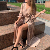 Aiertu - V-neck high waist lace up split holiday long dress Aiertu