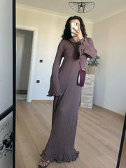 Aiertu - Fashion Flared Sleeves Lace Hem Maxi Dress Lady Elegant Solid Back Lace Up Long Dress Female Casual Streetwear Club Party Robes Aiertu