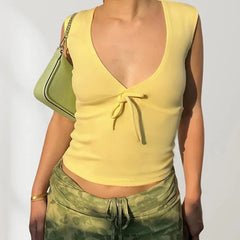 Aiertu - 2 Pieces Set Yellow Sleeveless Crop Top and Floral Mesh Long Skirt Coords Sets Woman Vacation Summer Outfits P84-DI29 Aiertu