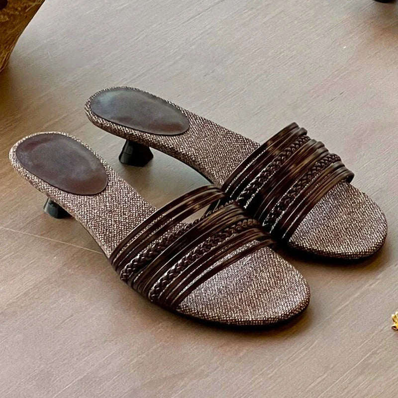 Aiertu - Luxury Designer Summer Low Heel Women Weave Slippers Elegant Open Toe Dress Slides Outdoor Gladiator Shoes Aiertu