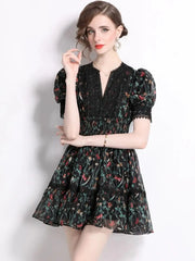 Aiertu - Summer Y2K Lace Trims Splice Flower Princess Short Dresses Women's Puff Sleeve V Neck Elastic Waist French Elegant Party Vestido Aiertu