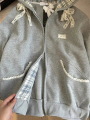 Aiertu Lace Patchwork Hoodies Women Cute Bow Long Sleeve Sweatshirt Japan Preppy Style Sweet Loose Long Sleeve Female Gray Outwear Aiertu