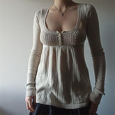 Aiertu - Women Vintage Solid Sweater Top Long Sleeve Button Front Knitted Babydoll Top 00S Retro Y2K Fairy Grunge Aesthetic Knitwear Aiertu