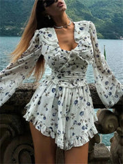 Aiertu - Ruffled V-Neck Printed Mini Dress Female Bandage Autumn Fashion Lace-Up Contrast Drawstring Dress For Women Party Dress Aiertu