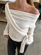 Aiertu - Casual Bandage Patchwork T-shirt Pullover Female Solid Lace-Up Off-Shoulder Slim Pleated White Tee Women Knit Sweater Top Aiertu