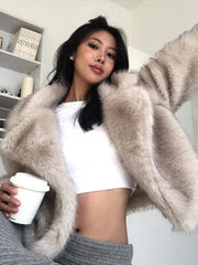 PICSGIRL - Elegant Solid Faux Fur Women Coat Full Sleeve Loose Lapel Lady Jacket Fashion Autumn Winter Warm Thicken Female Outwear Aiertu