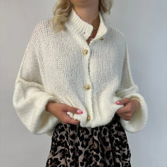 Aiertu - Womens Y2k Oversized Cardigan Sweaters Long Lantern Sleeve Knit Open Front Button Down Chunky Knitwear Fall Winter Aiertu