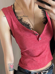 Aiertu - Sweet Y2k Aesthetic Lace Patchwork Top Vest Summer Harajuku Single Breasted Fairy Grunge Camisoles 2025 Crop Tanks Women Trendy Aiertu