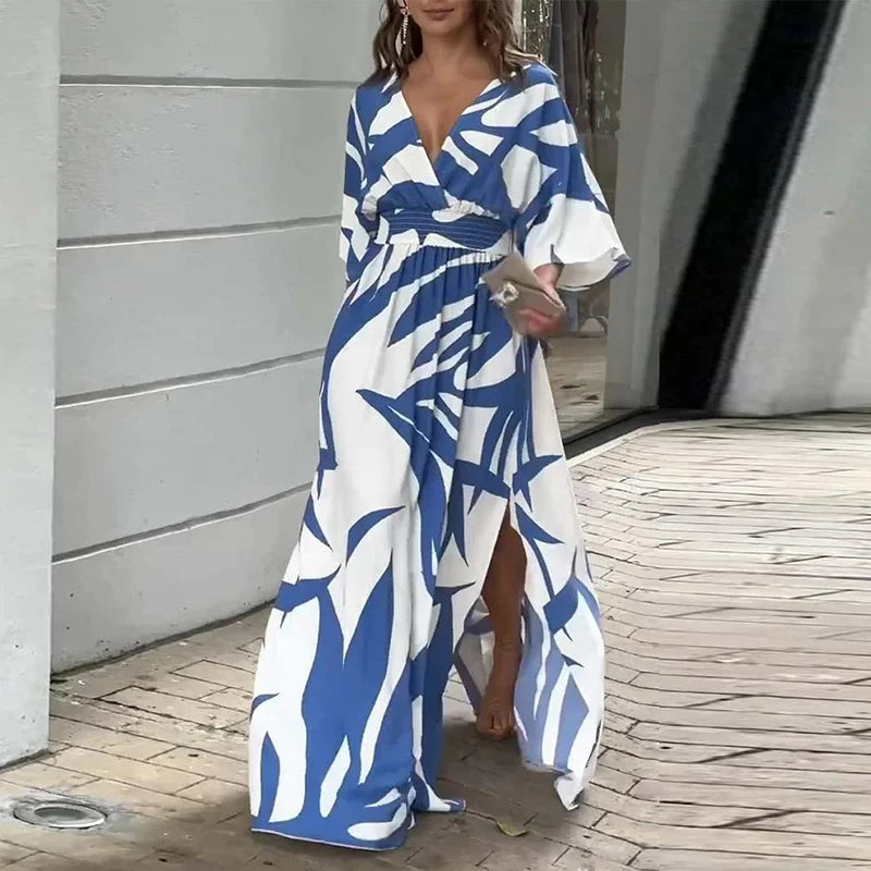 Aiertu - Women Sexy Deep V-neck Split Long Dress Elegant Pattern Print Waist Party Dress 2026 Summer Casaul Flying Long Sleeve Maxi Dress Aiertu
