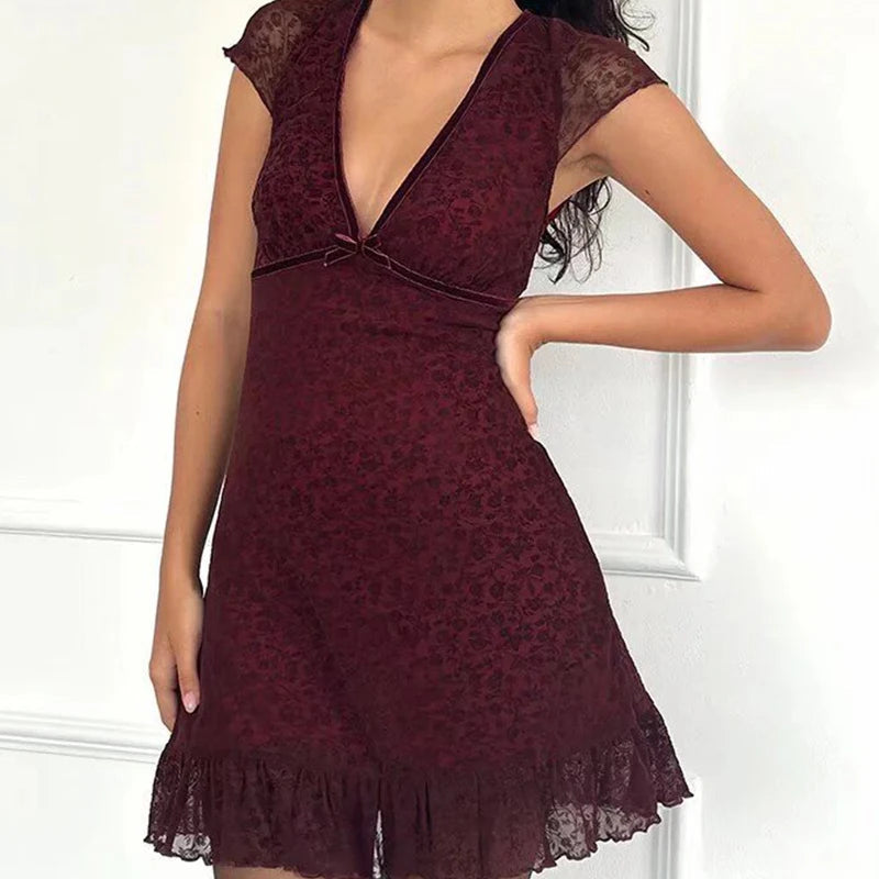 Aiertu - Summer Women Short Sleeve Bow V Neck A-line Mini Dress Lady High Waist Hem Ruffle Floral Wine Red Dresses Vintage Robe Aiertu